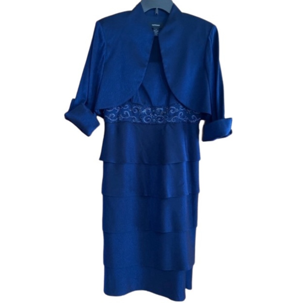 R&M Richards Formal 8 Blue Metallic Beaded and Embroidered Layered Flutter Dress